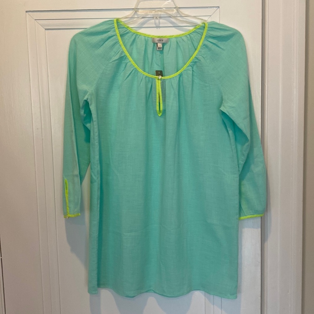 J Crew women’s beach tunic coverup; sz S; soft green w yellow trim,cotton; NWT